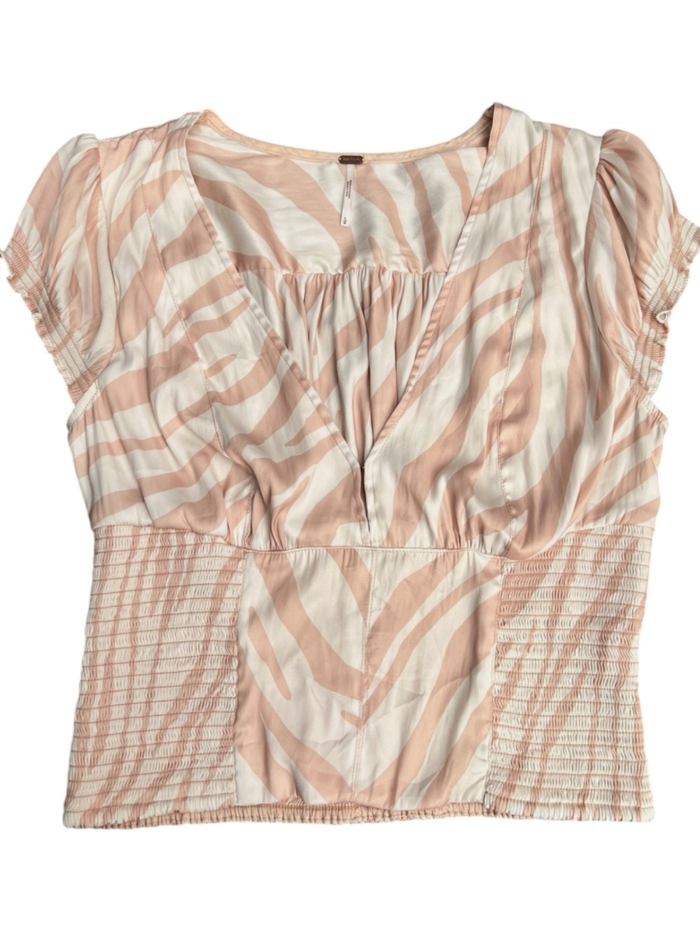 FREE PEOPLE “Show Me Love” Peach Zebra-Stripe V-Neck Smocked Waist Top SMALL - Picture 3 of 9
